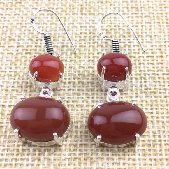 New Carnelian Prong Set Cabochon Stone Silver Hook Earrings - Picture 6 of 6